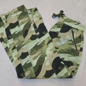 NWOT Free People FP Movement Stadium Green Camo Drawstring Wide Leg Pants,  sz L